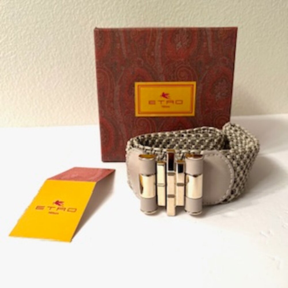 ETRO Milano Lamb Leather Woven Belt with Metal Buckles